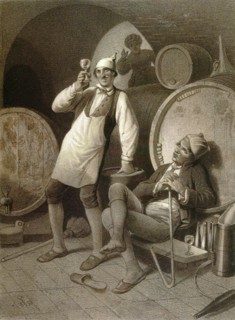 Wine cellar, drinking a glass of wine, two men, wine barrels, winery, storage, alcohol, alcoholic,