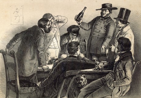 Drinking the bottles in Germany, 19th century lithography, wine, wine glass, wine-bottle, alcohol,