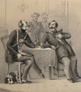German military drinking a glass of wine. wine bottles, glasses, glass, bottle, uniforms, dog,