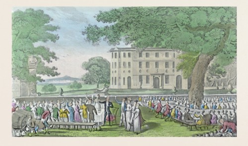 Miss Worthy's marriage. Dr. Syntax in the chair, drawn by Rowlandson. Coloured aquatint circa 1820.