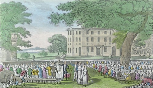 Miss Worthy's marriage. Dr. Syntax in the chair, drawn by Rowlandson. Coloured aquatint circa 1820.