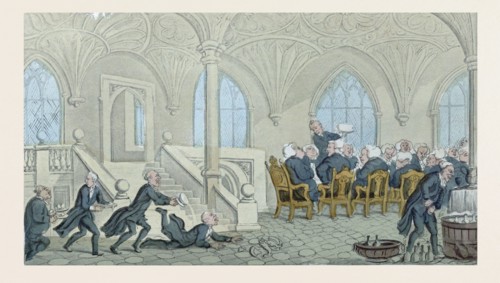 Dr. Syntax entertained at college, drawn and etched by Rowlandson, circa 1819. food and drink,