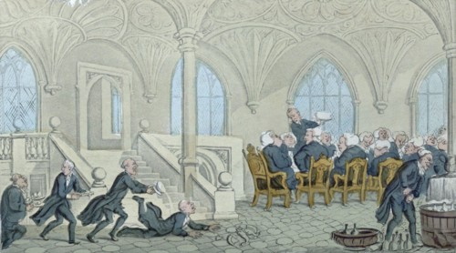 Dr. Syntax entertained at college, drawn and etched by Rowlandson, circa 1819. food and drink,