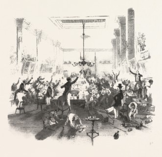 Cheering the speech. 19th century, liszt gourmet archive, room, table, bottle, bottles, glass,