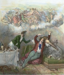 Party in the pays de cocagne, in the land of plenty, by Emile Bayard, 1837-1891, France.  food and