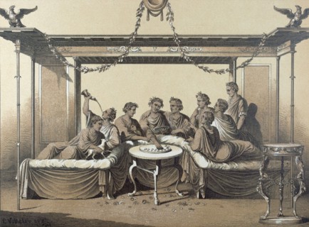 Triclinium, dinner in a formal Roman dining room, food and drink, man, interior, couch, chaise