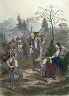 Countrylife 1857, man, woman, cows, farm, food and drink, basket, dishes, folk dress, 19th century,