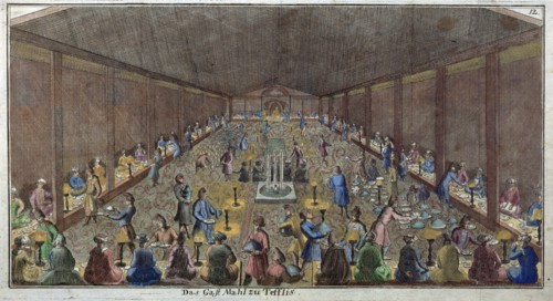 Large dinner in Tbilisi, Tiflis, food and drink, historical engraving, liszt gourmet archive