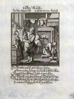 The cook, old master print, 17th century, 1600s, 1700s, engraving, liszt gourmet archive. cooking,