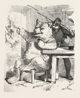 Bear having a glass of wine, around 1870, hungary, wine, wineglass, wine carafe, soldier, table,
