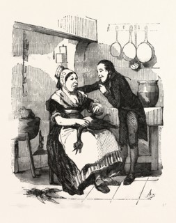The cook and her admirer in the kitchen, cleaning a goose, by Bertall, 1820-1882, Paris, Soyons,