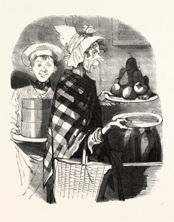 French lady and a cook bring the desserts by Bertall, 1820-1882, Paris, Soyons, France, Europe,