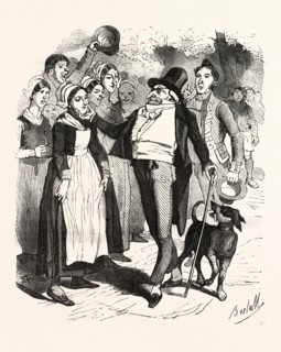 French count and his dog on a walk in the village, by Bertall, 1820-1882, Paris, Soyons, France,