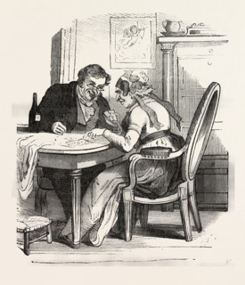 French man and woman playing cards by Bertall, 1820-1882, Paris, Soyons, France, Europe, 19th