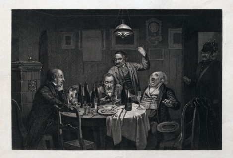 The guests, 1864, food and drink, table, bottle, bottles, glass, glasses, wine, champagne, man,