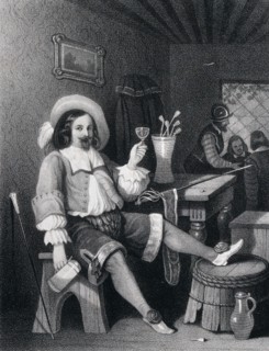 man drinking wine, wine glass, jug, hat, walking stick, interior, pub, sword, elegant, helmet,