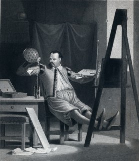 The painter relaxing. painter, beer, beer glass, beer jug, pencils, painting ezel, interior,