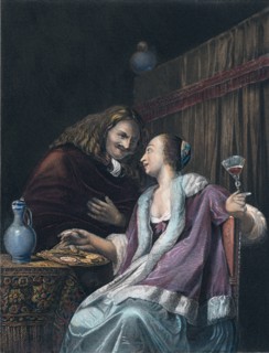 Lunch with oysters and wine by Frans van Mieris, 1635-1681, dutchm, woman, man, oyster, wineglass,