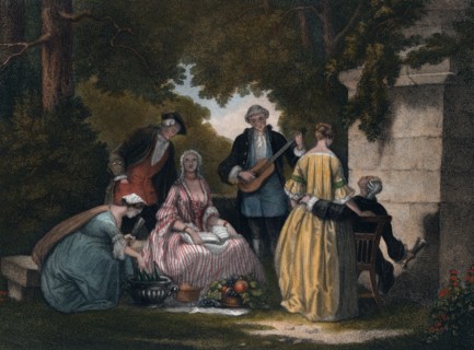 wine, music, party, in the garden, wine bottles, grapes, fruit basket, music instrument, 19th