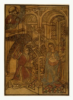 The annunciation, Print showing Mary visited by an angel, woodcut, hand-colored, between 1450 and