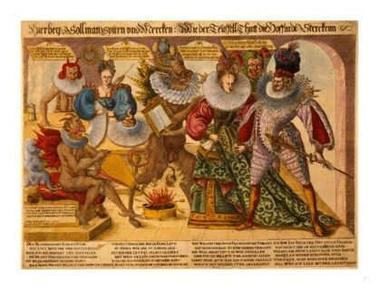 Allegory of vanity (presumptuousness) showing five demon-like figures confronting a man and a woman