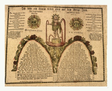Pennsylvania German fraktur labeled with verse from Revelations 14:1, I saw a lamb on Mount Zion,