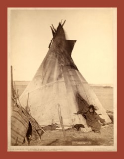 A young Oglala girl sitting in front of a tipi, with a puppy beside her, probably on or near Pine