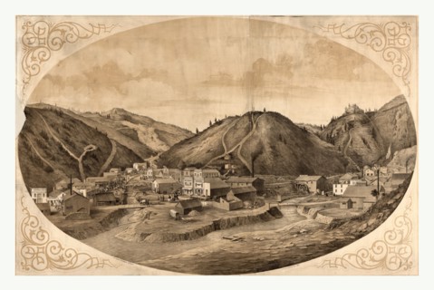 bird's eye view of Black Hawk Point, a frontier community in Colorado; includes remarque showing a