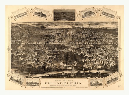 Bird's eye view of Philadelphia between the Schuykill River, in the foreground, and the Delaware