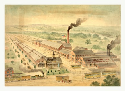 Bird's eye view of Wason Car Manufacturing Co., circa 1872. by  Charles Parsons, 1821 1910, US,