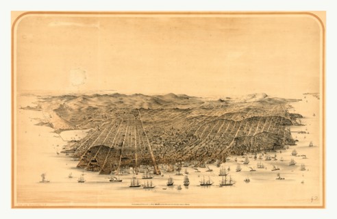 Birds eye view of the city of San Francisco, circa 1868, US, USA, America
