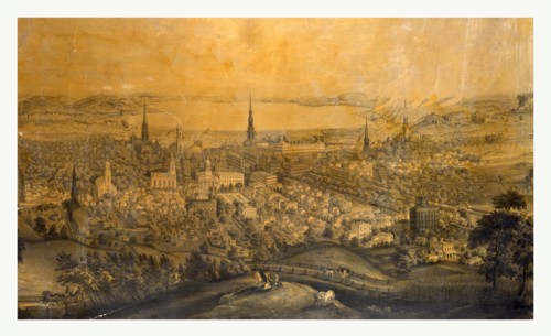 Birds eye view of Syracuse, N.Y., 1850s?, US, USA, America