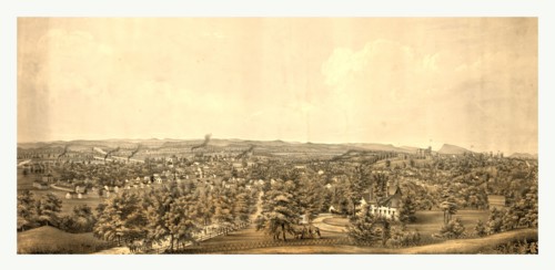 Birds eye view of Springfield, Mass., circa 1850, US, USA, America