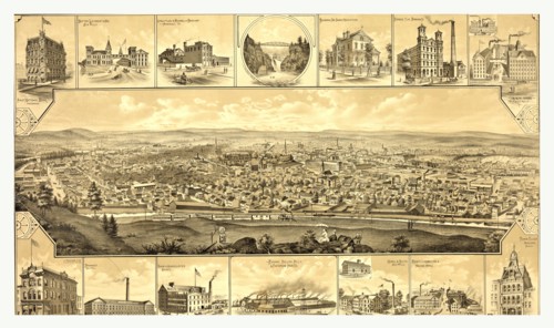 Bird's eye view of Paterson, New Jersey showing railroad in the foreground; vignettes of prominent