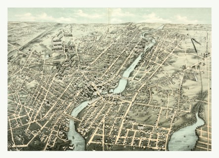 Bird's eye view of Pawtucket, & Central Falls, R.I., circa 1877, US, USA, America