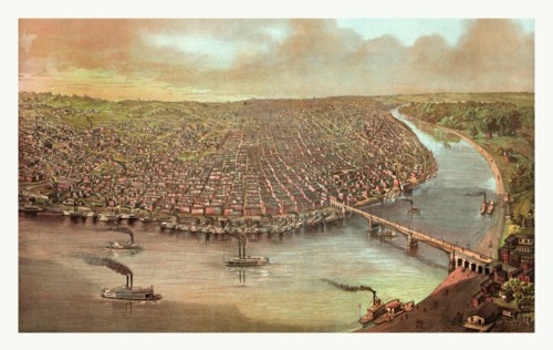 Bird's eye view of Saint Louis, Missouri as seen from above the Mississippi River, circa 1873, US,