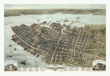 Bird's eye view of the city of Charleston South Carolina by C. Drie, circa 1872, US, USA, America