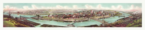 Bird's eye view of the skyline of Pittsburg at the confluence of the Allegheny and Monongahela
