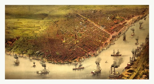 The city of New Orleans, and the Mississippi River Lake Pontchartrain in distance by Currier &