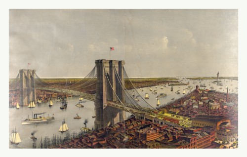 Grand birds eye view of the Great East River suspension bridge Connecting the cities of New York &