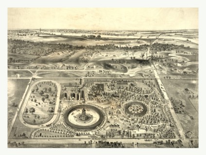 bird's eye view of fairgrounds at the St. Louis fair, circa 1874, US, USA, America