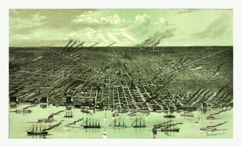 Birds eye view showing about three miles square of the central portion of the city of Detroit,