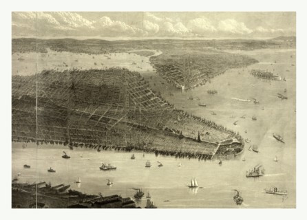 Bird's eye view of New York City, New York, showing Battery Park on the right and Central Park on