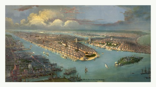 bird's eye view of New York City with the Hudson River and the New Jersey waterfront on the left,