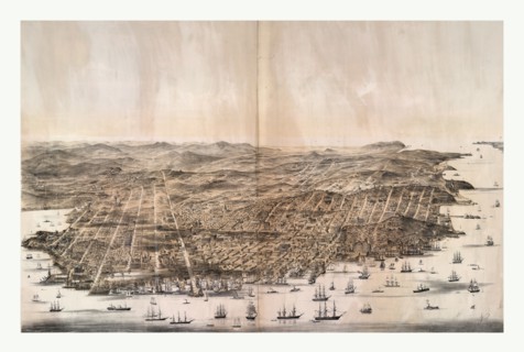 Bird's-eye view of San Francisco, California from above the bay looking west by Charles B Gifford,