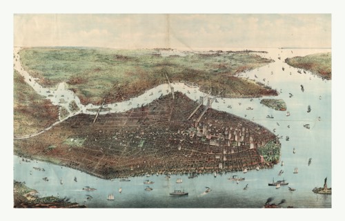 Bird's eye view of greater New York with Battery Park on the right and showing the boroughs of