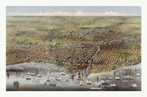 Bird's eye view of Chicago, Illinois from above Lake Michigan by Currier & Ives circa 1874, US,
