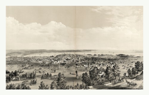 Bird's eye view of Hamilton, Ontario, Canada, in 1859, showing harbor in the distance by Rice &