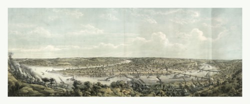 Bird's eye view of Pittsburgh at the confluence of the Monongahela, in the foreground, and the