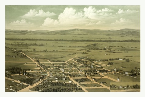 Bird's eye view of Jacksonville and the Rogue River Valley, Oregon, circa 1883, US, USA, America